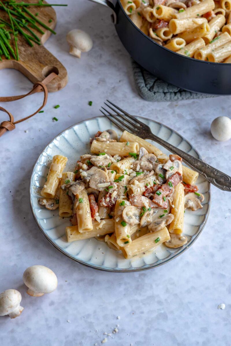 pasta met spekjes en champignons