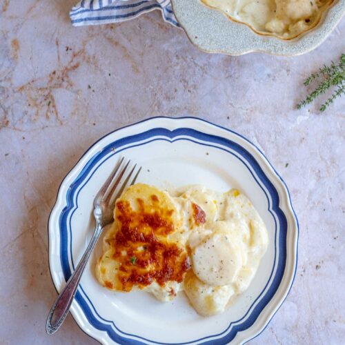 aardappel gratin op een bordje uitgeschept met in de hoek een ovenschotel